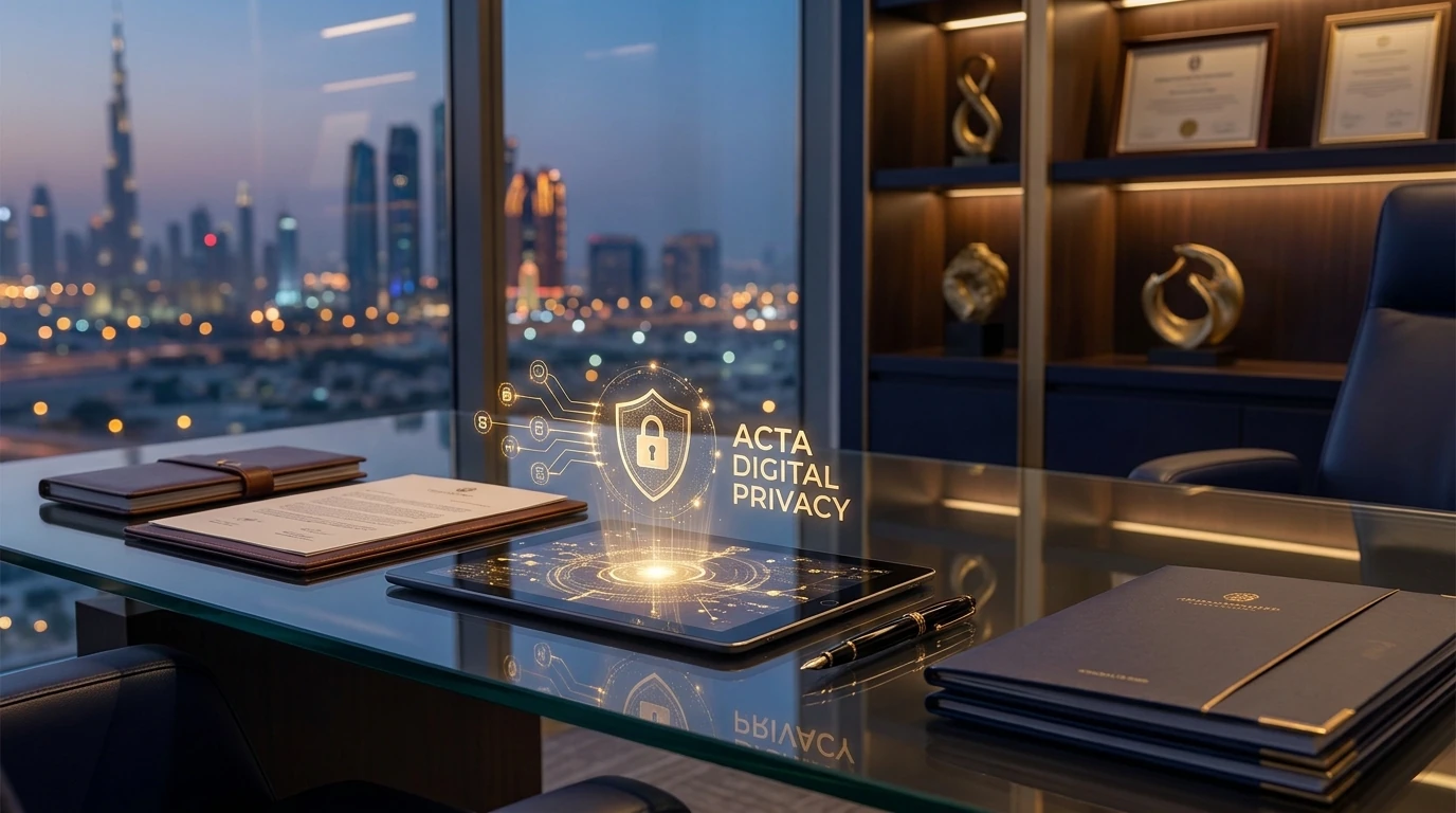 مكتب ACTA مع عناصر بصرية ترمز لحماية الخصوصية الرقمية